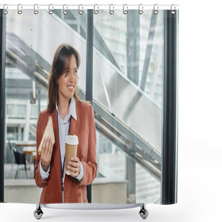 Personality  Jolly Young Woman In Smart Wear Enjoying Sandwich And Coffee And Looking Away, Coworking Concept Shower Curtains