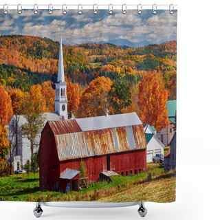 Personality  Church And Farm With Red Barn At Autumn Shower Curtains
