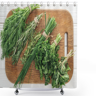 Personality  Top View Of Parsley, Rosemary, Dill, Green Onion, Basil And Thyme On Wooden Chopping Board Shower Curtains