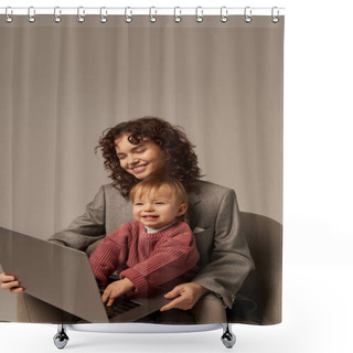 Personality  Building Successful Career, Balanced Lifestyle, Working Parent, Happy Curly Woman Using Laptop And Sitting On Armchair With Daughter, Mother And Child, Motherhood, Multitasking  Shower Curtains