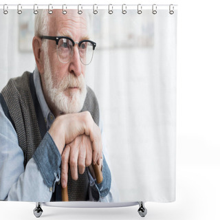 Personality  Sad And Bearded Senior Man With Walking Stick Sitting In Room, Looking Away Shower Curtains