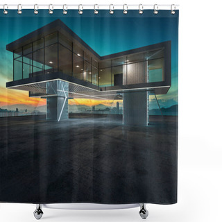 Personality  Perspective View Of Contemporary Building Exterior With Steel,cement And Glass Facade Loft Style Design . 3D Rendering And Real Images Mixed Media . Shower Curtains