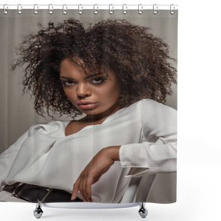 Personality  Young African American Woman With Seductive Look In White Shirt Isolated On Grey Background Shower Curtains