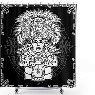 Personality  Stylized Image Of An Ancient Indian Deity. Motives Of Art Native American Indian. Vector Illustration: White Drawing On A Black Background, A Decorative Frame, A Mandala. Print, Posters, T-shirt. Shower Curtains