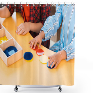 Personality  Cropped View Of Kids Folding Colorful Game On Table In Montessori School Shower Curtains