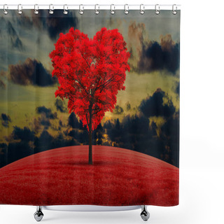 Personality  Red Heart-shaped Tree In The Field Against The Background Of A Decline. Shower Curtains