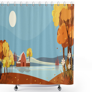 Personality  Fantasy Panorama Landscapes Of Countryside In Autumn,Panoramic Of Mid Autumn With Farm House By The Lake With The Sun And Blue Sky. Wonderland Landscape On Fall Season In Orange Foliage. Shower Curtains