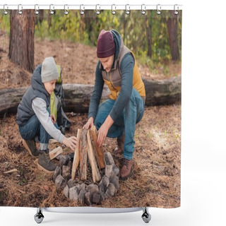 Personality  Father And Son Kindling Bonfire  Shower Curtains