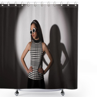 Personality  Lighting On Stylish Model In Sunglasses Posing With Hands On Hips On Grey  Shower Curtains
