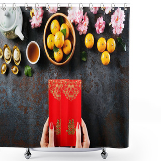 Personality  Chinese New Year Festival Decorations. Woman Hand Holding Pow Or Red Packet, Orange And Gold Ingots On A Black Stone Background. Chinese Characters FU Means Fortune Good Luck, Wealth, Money Flow. Shower Curtains