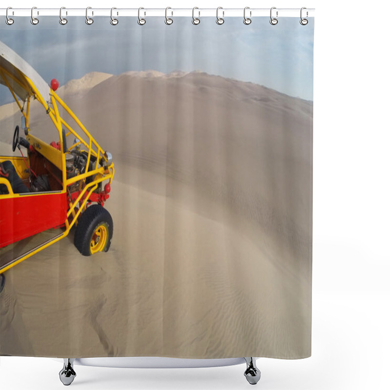 Personality  Dune Buggy At The Top Of Steep Hill In A Desert Near Huacachina, Shower Curtains