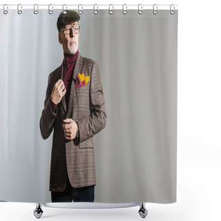 Personality  Stylish Middle Aged Man In Glasses And Cap Standing On Grey  Shower Curtains