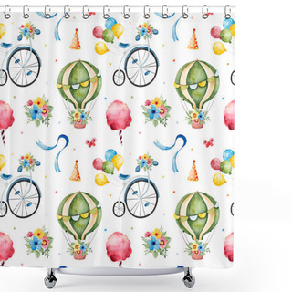Personality  Seamless Texture With Cute Air Balloons, Bouquets, Vintage Bicycles, Ribbons Shower Curtains