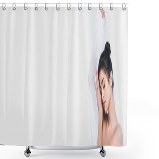 Personality  Brunette Woman With Naked Shoulders Holding Cloth Isolated On White, Banner  Shower Curtains
