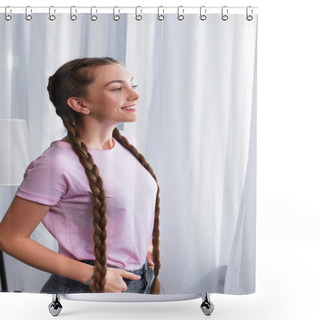 Personality  Side View Of Smiling Teenage Girl With Hands In Pockets In Front Of Curtains At Home  Shower Curtains