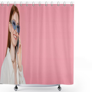 Personality  Pretty Red Haired Woman In Sunglasses Talking On Cellphone Isolated On Pink, Banner  Shower Curtains