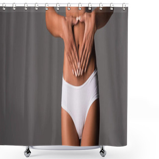 Personality  Panoramic Shot Of Sexy Girl In White Panties Touching Belly Isolated On Grey Shower Curtains
