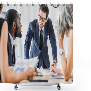 Personality  Young Multiethnic Businesspeople Sitting At Table During Meeting In Office Shower Curtains