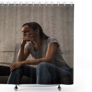Personality  Upset Crying Woman Sitting On Sofa  Shower Curtains