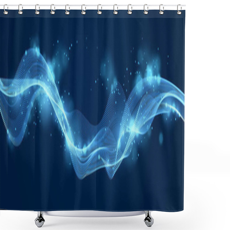 Personality  Dynamic Particles Sound Wave Flowing Over Dark. Dotted Curves Vector Abstract Background. Beautiful 3d Wave Shaped Array Of Shining Blended Points. Shower Curtains