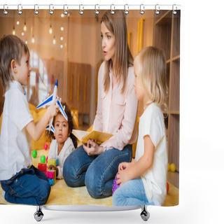 Personality  Educator Reading Book For Multiethnic Kids In Kindergarten Shower Curtains