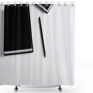 Personality  Close-up Shot Of Black Hard Cover Notebooks With Pencil On White Surface Shower Curtains