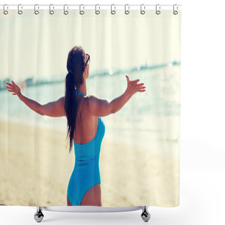 Personality  Young Woman In Swimsuit Posing On Beach Shower Curtains