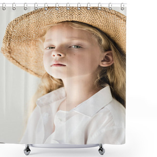 Personality  Portrait Of Beautiful Child In Straw Hat Looking At Camera On White  Shower Curtains