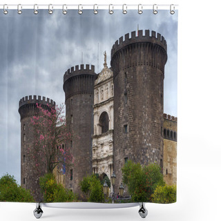 Personality  NAPLES, ITALY - NOVEMBER 05, 2018 - The Medieval Castle Of Maschio Angioino Or Castel Nuovo New Castle And The Silk Tree In Bloom, Napoli Shower Curtains