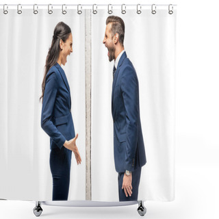 Personality  Angry Businessman And Businesswoman Separated By Wall Yelling Isolated On White Shower Curtains