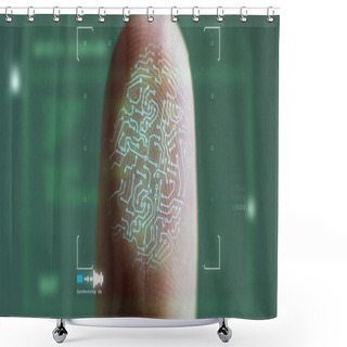 Personality  Futuristic Digital Processing Of Biometric Fingerprint Scanner. Concept Of Surveillance And Security Scanning Of Digital Programs And Fingerprint Biometrics. Cyber Futuristic Applications. Shower Curtains