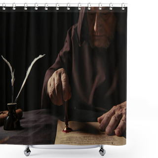 Personality  Medieval Monk In Dark Robe With Hood Stamping Parchment With Wax Seal Isolated On Black Shower Curtains