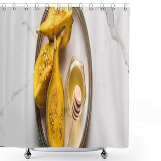 Personality  Panoramic Shot Of Ripe Fresh Pumpkin And Honey On Marble Table Shower Curtains