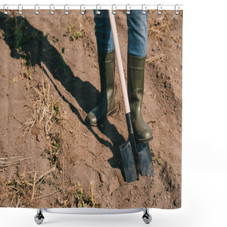 Personality  Cropped Shot Of Farmer In Rubber Boots Working With Shovel In Field Shower Curtains