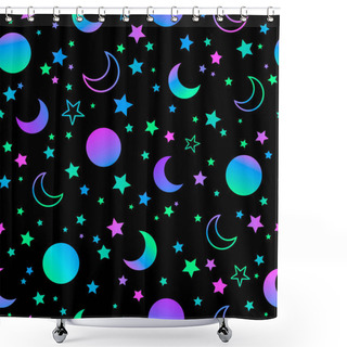 Personality  Mystical Bright Neon Pattern With Sun Moon And Stars Shower Curtains