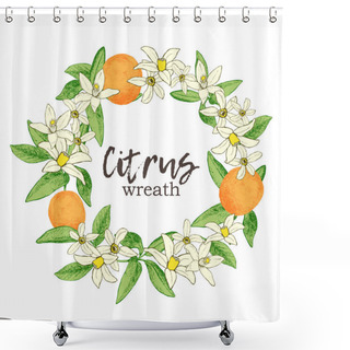 Personality  Fruit Wreath With Isolated Hand Drawn Oranges And Flowers In Ske Shower Curtains