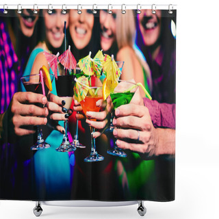 Personality  Cocktails Held By Happy Friends At Party Shower Curtains