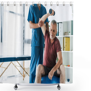 Personality  Cropped View Of Doctor Standing Near Middle Aged Man Exercising On Fitness Ball With Dumbbell  Shower Curtains