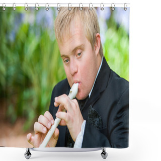 Personality  Handicapped Boy Playing Block Flute. Shower Curtains