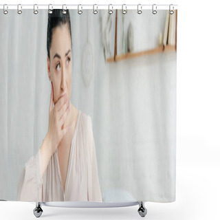 Personality  Panoramic Shot Of Beautiful Pregnant Woman In Nightie Having Nausea In Bedroom Shower Curtains