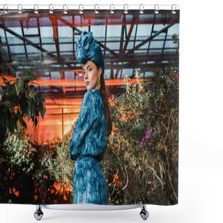 Personality  Gorgeous Young Woman In Blue Dress In Turban In Orangery Shower Curtains