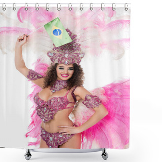 Personality  Smiling Woman In Carnival Costume Holding Brazilian Fllag In Raised Hand, Isolated On White   Shower Curtains