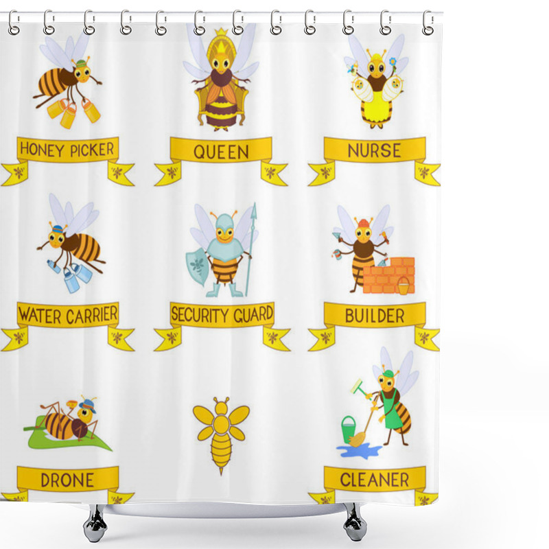 Personality  Set Of Different Cartoon Bee Social Castes With Titles Isolated On White Background Shower Curtains