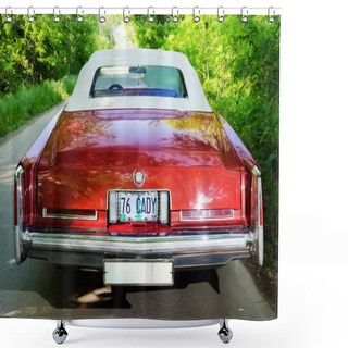Personality  NEVINOMYSSC, RUSSIA - MAY 13, 2016: Automobiles. Offsite Photography Of Old American Cars. Cadillac Eldorado Convertible 1976s. Rear View Of Machine On A Country Road In A Forest Shower Curtains