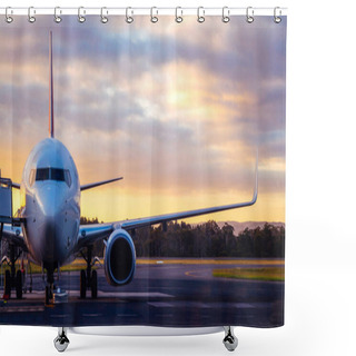 Personality  Airplane On Airport Runway At Sunset In Tasmania Shower Curtains