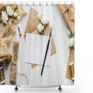 Personality  Top View Of Envelope With Empty Card And Ink Pen, Flowers, Cloth, Stamp, Wrapped Gift On Grey Background Shower Curtains