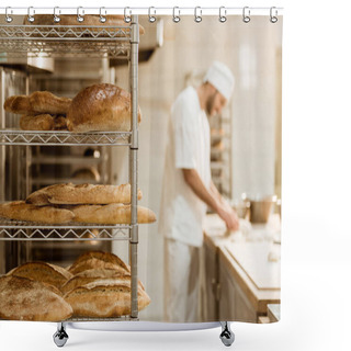Personality  Shelves With Fresh Bread And Blurred Baker On Background At Baking Manufacture Shower Curtains