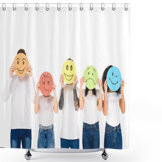 Personality  Young Multicultural Friends Holding Colored Cards With Emotions Isolated On White  Shower Curtains