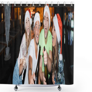 Personality  Panoramic Shot Of Excited Friends Holding Bottles Of Champagne Outdoors At Night  Shower Curtains