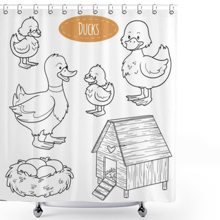 Personality  Set Of Cute Farm Animals And Objects, Vector Family Ducks Shower Curtains